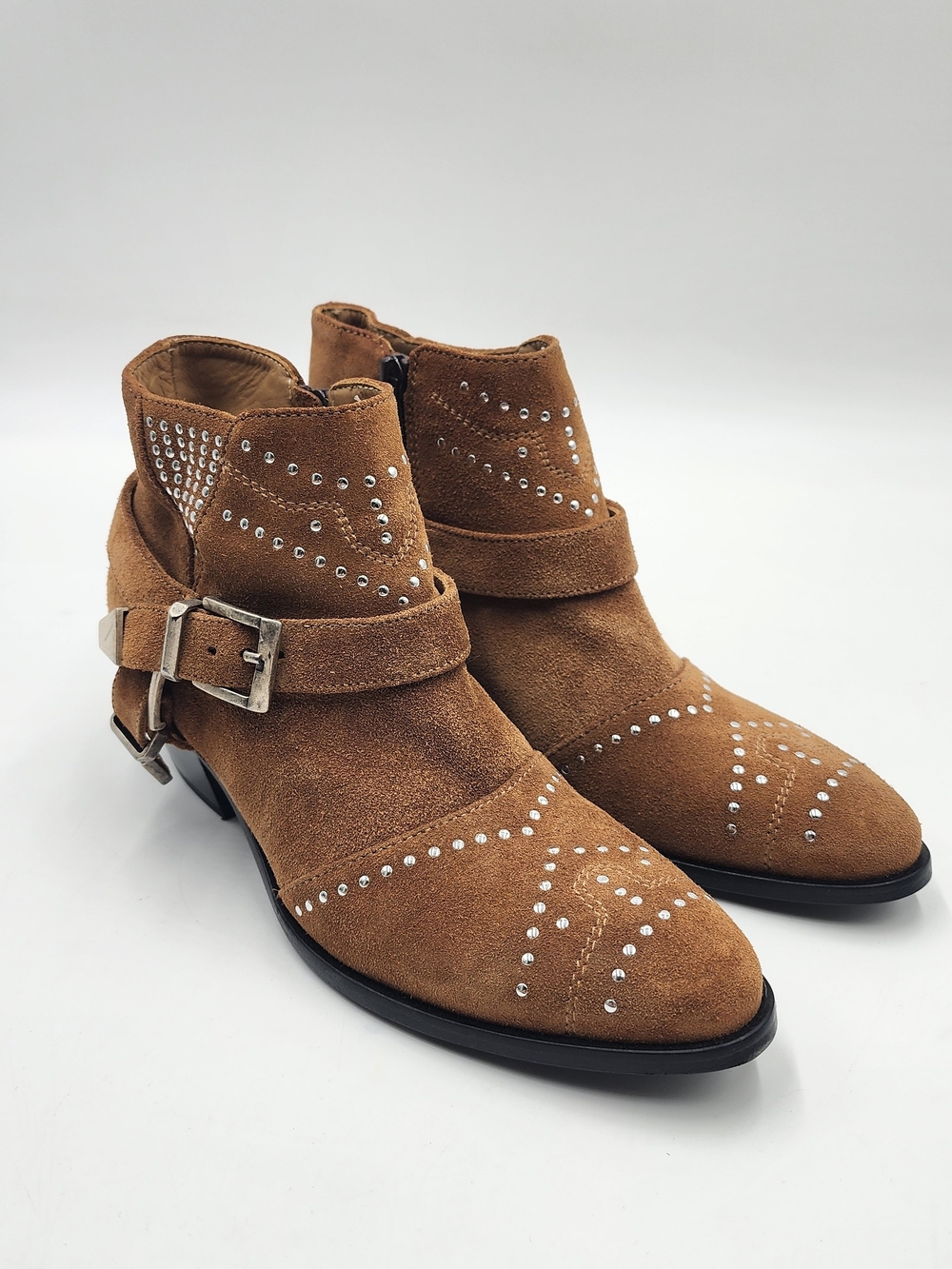 Steve Madden Tan Suede Studded Ankle Booties with Buckle